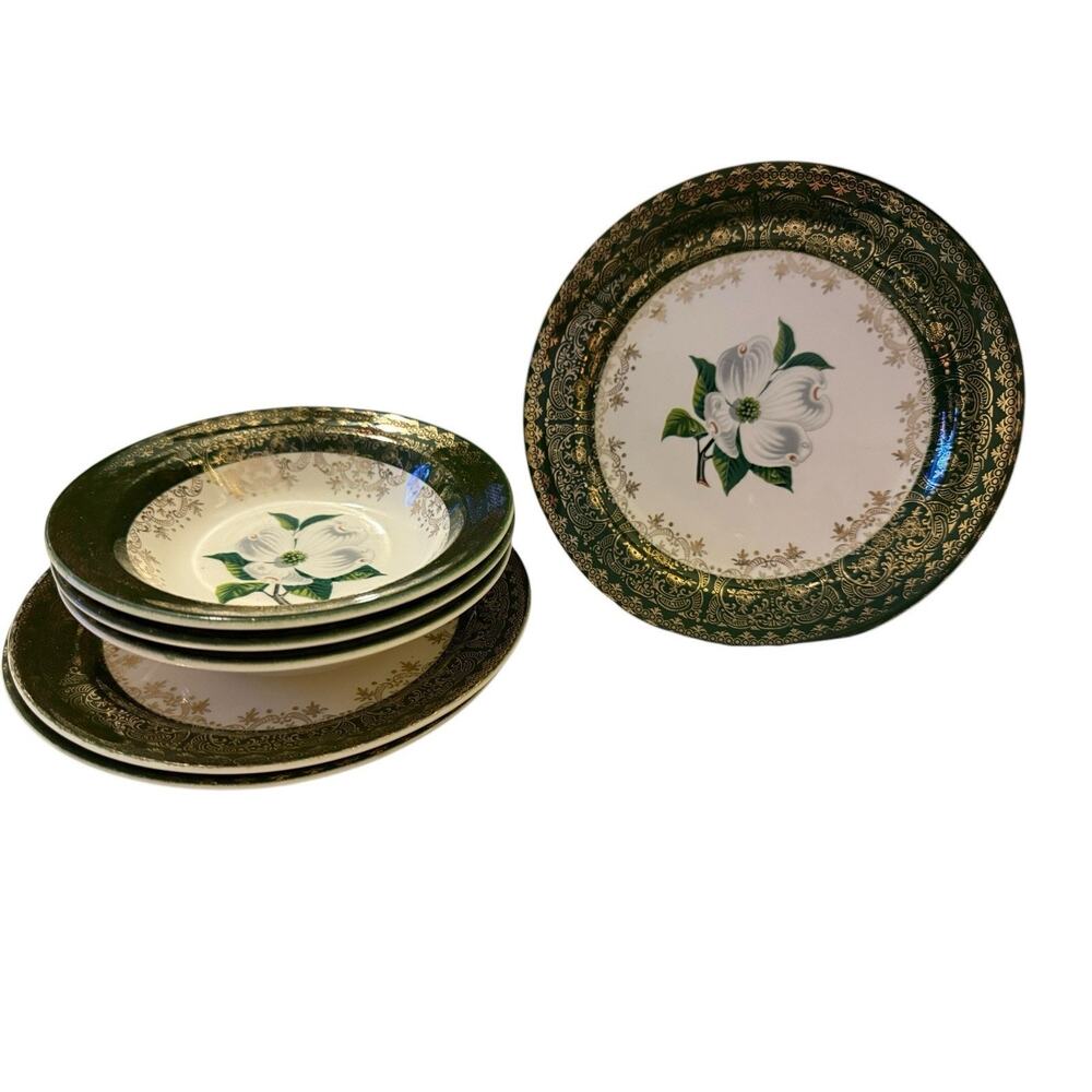 3 Sm Bowls /3 Dessert Plates Set Taylor Smith Taylor 1543 “Dogwood” Green Gold